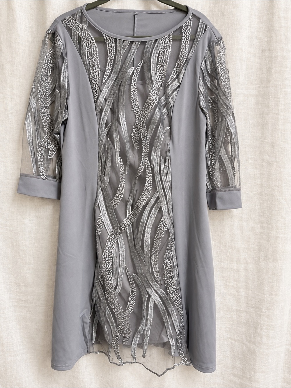 Women's Gray Embellished Sheer Panel Dress